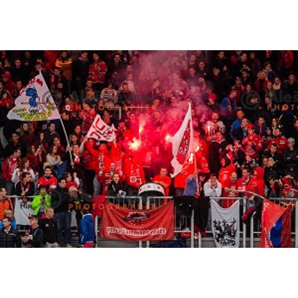 Fans during ice hockey match of Slovenian National League in Season 2014/15 between HDD SIJ Acroni Jesenice and HDD Telemach Olimpija, played in Podmezaklja Hall, Jesenice, Slovenia, on October 28, 2014