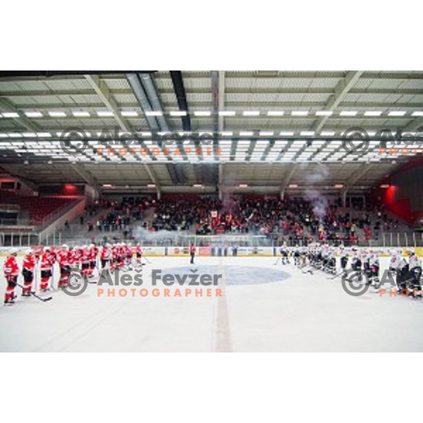 Ice hockey match of Slovenian National League in Season 2014/15 between HDD SIJ Acroni Jesenice and HDD Telemach Olimpija, played in Podmezakla Hall, Jesenice, Slovenia, on October 28, 2014