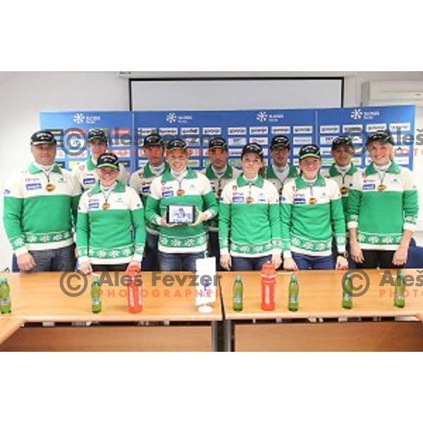 Slovenia cross-country ski team at press conference in Ljulbjana before start of 2014/2015 World Cup season on November 4, 2014