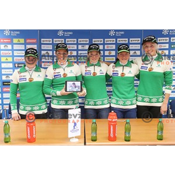 Slovenia cross-country ski team at press conference in Ljulbjana before start of 2014/2015 World Cup season on November 4, 2014
