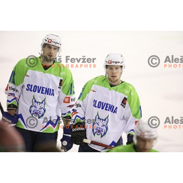 Blaz Gregorc and Ales Music of Slovenia in action during ice-hockey match Slovenia-Japan at Euro Ice Hockey Challenge Tournament in Hala Tivoli, Ljubljana, Slovenia on November 6, 2014