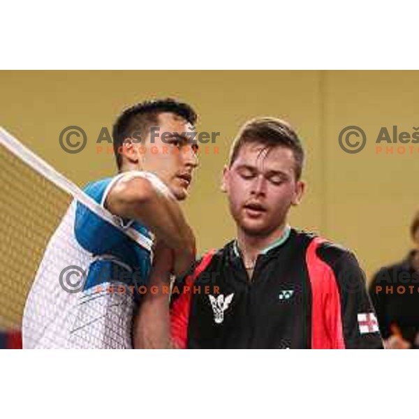 Alen Roj shaking hands after victory over Benjamin Gunnarstein during badminton match between Slovenia and Forea Island on European Mixed Team Championship 2015, 7.11.2014, Lendava