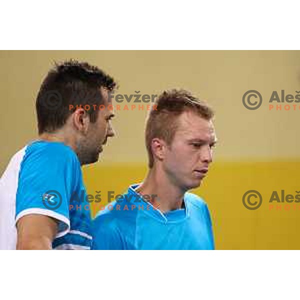 Iztok Utroša and Miha Horvat during badminton match between Slovenia and Forea Island on European Mixed Team Championship 2015, 7.11.2014, Lendava