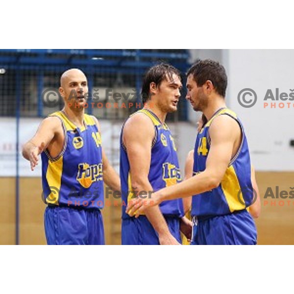 Ilija Zolotic, Uros Godler, Ivan Mikulic of Hopsi Polzela in action during Telemach league basketball match Sencur Gorenjska gradbena druzba-Hopsi Polzela, played in Sencur, Slovenia on November 8, 2014