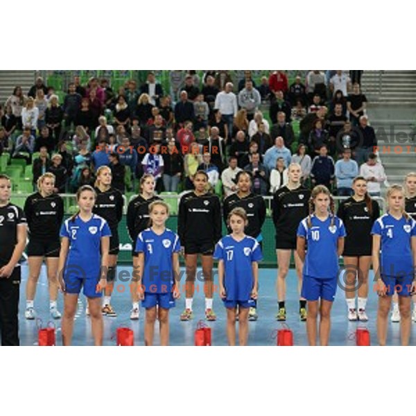 of Krim Mercator in action during EHF Women\'s Champions League between Krim Mercator (SLO) and Dinamo Sinara (RUS) in Stožice Hall, Slovenia on November 9,,2014