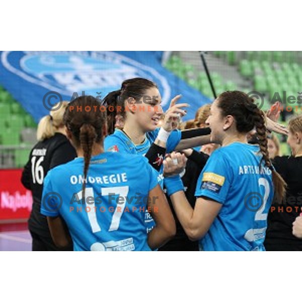 of Krim Mercator in action during EHF Women\'s Champions League between Krim Mercator (SLO) and Dinamo Sinara (RUS) in Stožice Hall, Slovenia on November 9,,2014