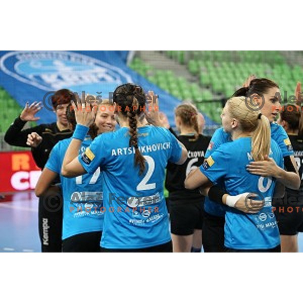 of Krim Mercator in action during EHF Women\'s Champions League between Krim Mercator (SLO) and Dinamo Sinara (RUS) in Stožice Hall, Slovenia on November 9,,2014