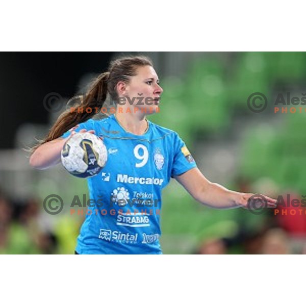 Melanie Bak of Krim Mercator in action during EHF Champions League between Krim Mercator (SLO) and Dinamo Sinara (RUS) in Stožice Hall, Slovenia on November 9,,2014