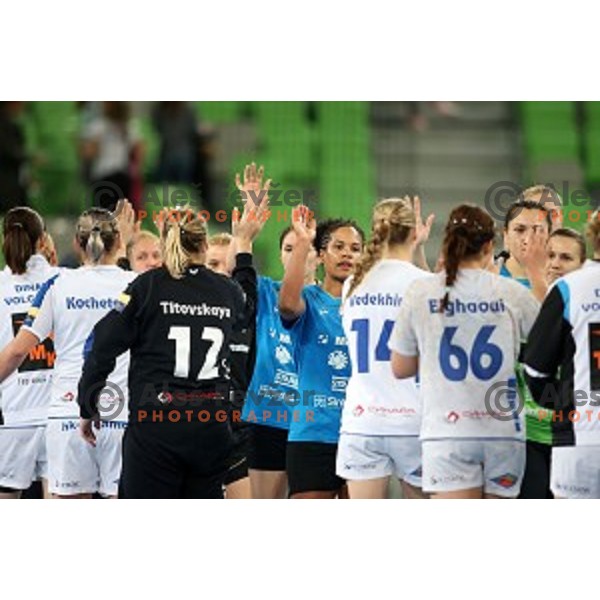 Players of Dinamo Sinara celebrate victory at EHF Champions League between Krim Mercator (SLO) and Dinamo Sinara (RUS) in Stožice Hall, Slovenia on November 9,2014