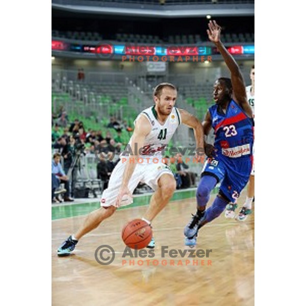 Marko Marinovic of Union Olimpija in action during ABA league basketball match between Union Olimpija Ljubljana and Igokea Aleksandrovac, played in Stozice, Ljubljana, Slovenia on November 14, 2014