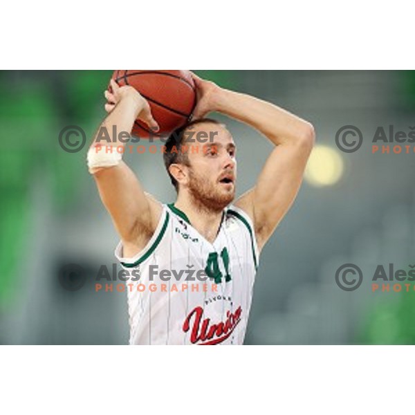 Marko Marinovic of Union Olimpija in action during ABA league basketball match between Union Olimpija Ljubljana and Igokea Aleksandrovac, played in Stozice, Ljubljana, Slovenia on November 14, 2014