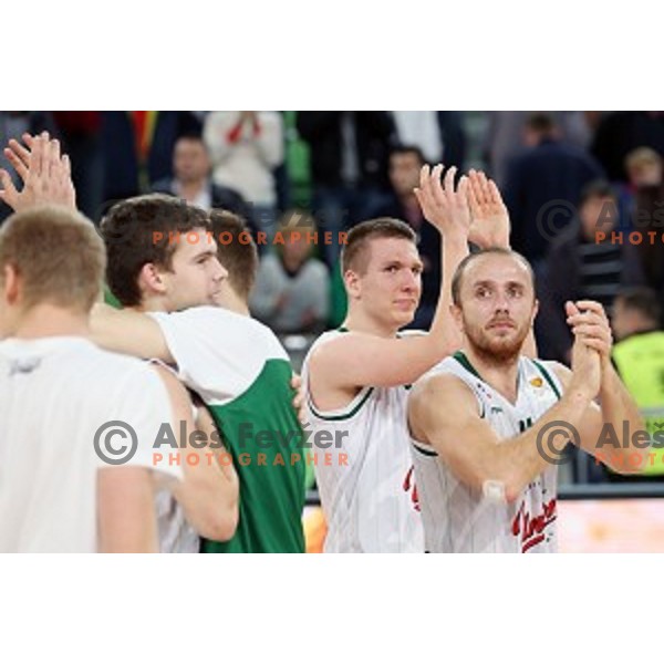 Gregor Hrovat, Marko Marinovic of Union Olimpija in action during ABA league basketball match between Union Olimpija Ljubljana and Igokea Aleksandrovac, played in Stozice, Ljubljana, Slovenia on November 14, 2014