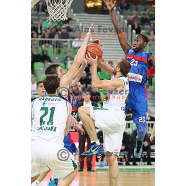 Marko Marinovic of Union Olimpija in action during ABA league basketball match between Union Olimpija Ljubljana and Igokea Aleksandrovac, played in Stozice, Ljubljana, Slovenia on November 14, 2014