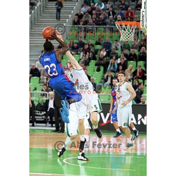 of Union Olimpija in action during ABA league basketball match between Union Olimpija Ljubljana and Igokea Aleksandrovac, played in Stozice, Ljubljana, Slovenia on November 14, 2014