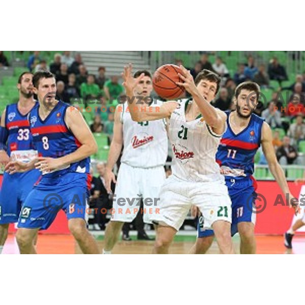 Blaz Mahkovic of Union Olimpija in action during ABA league basketball match between Union Olimpija Ljubljana and Igokea Aleksandrovac, played in Stozice, Ljubljana, Slovenia on November 14, 2014