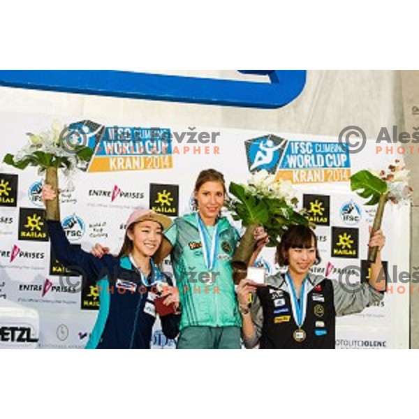 Jain Kim of Korea, Mina Markovic of Slovenia and Akiyo Noguchi of Japan during final of IFSC Climbing World Cup Final 2014 in Zlato polje hall, Kranj, Slovenia, on November 16, 2014
