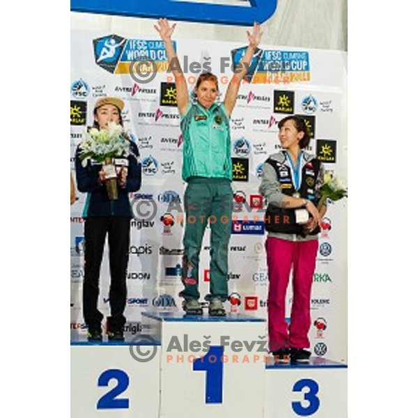 Jain Kim of Korea, Mina Markovic of Slovenia and Akiyo Noguchi of Japan during final of IFSC Climbing World Cup Final 2014 in Zlato polje hall, Kranj, Slovenia, on November 16, 2014