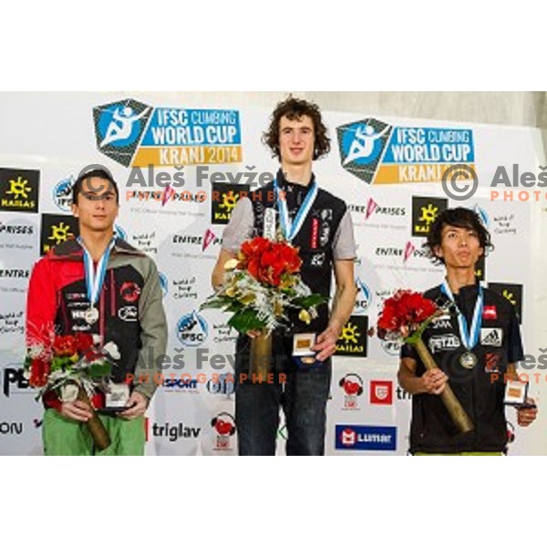 Sean Mccoll of Canada, Adam Ondra of Czech Republic and Sachi Amma of Japan during final of IFSC Climbing World Cup Final 2014 in Zlato polje hall, Kranj, Slovenia, on November 16, 2014