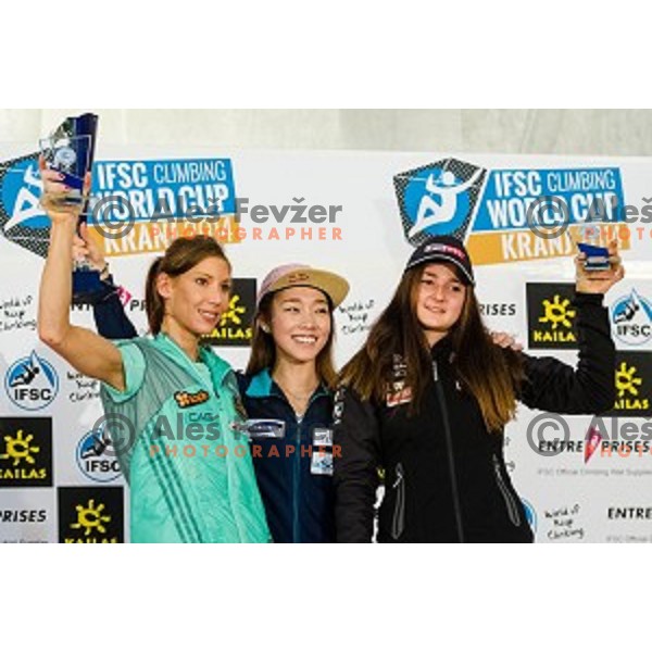 Mina Markovic of Slovenia, Jain Kim of Korea and Magdalena Rock of Austria during final of IFSC Climbing World Cup Final 2014 in Zlato polje hall, Kranj, Slovenia, on November 16, 2014