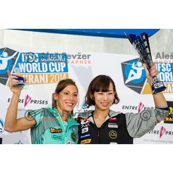 Mina Markovic of Slovenia and Akiyo Noguchi of Japan during final of IFSC Climbing World Cup Final 2014 in Zlato polje hall, Kranj, Slovenia, on November 16, 2014