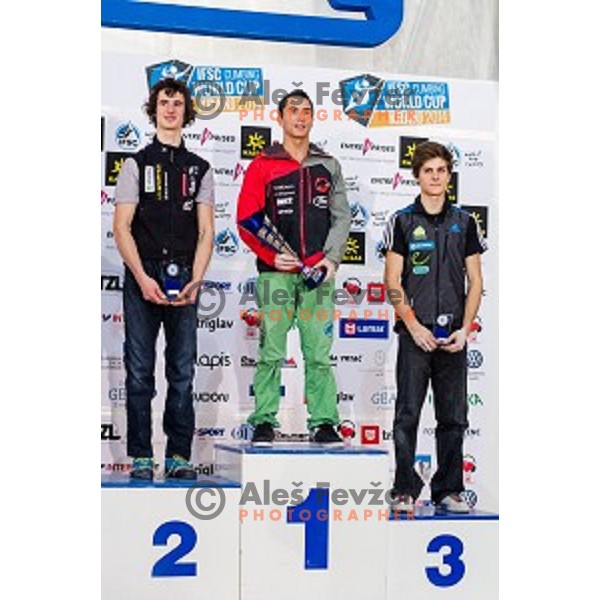 Adam Ondra of Czech Republic, Sean Mccoll of Canada and Domen Skofic of Slovenia during final of IFSC Climbing World Cup Final 2014 in Zlato polje hall, Kranj, Slovenia, on November 16, 2014