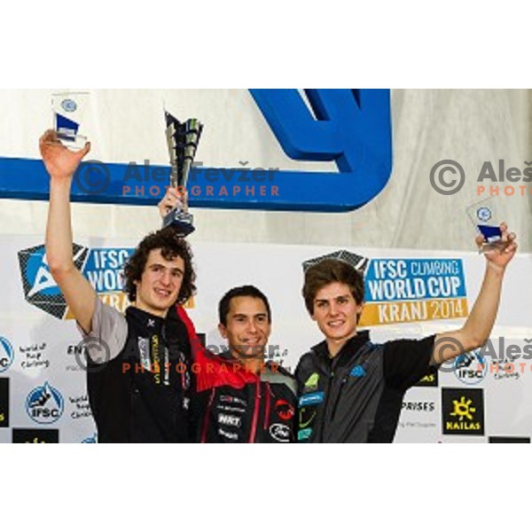 Adam Ondra of Czech Republic, Sean Mccoll of Canada and Domen Skofic of Slovenia during final of IFSC Climbing World Cup Final 2014 in Zlato polje hall, Kranj, Slovenia, on November 16, 2014