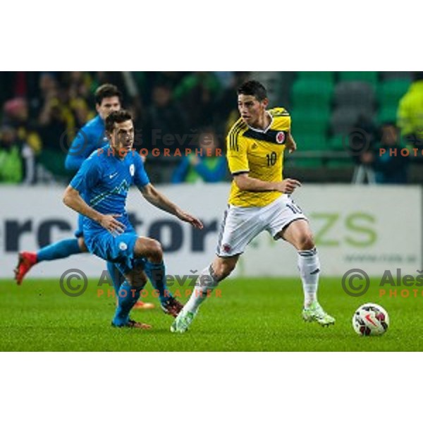Goran Cvijanovic, James Rodriguez in action during football match Slovenia - Colombia, Src Stozice, Ljubljana, Slovenia, 18.11.2014