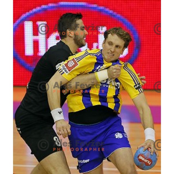 David Miklavcic of Celje PL in action during handball match Celje PL-Gorenje Velenje in round 11 of 1.NLB leasing league, played in Zlatorog Hall, Celje, Slovenia on November 19, 2014