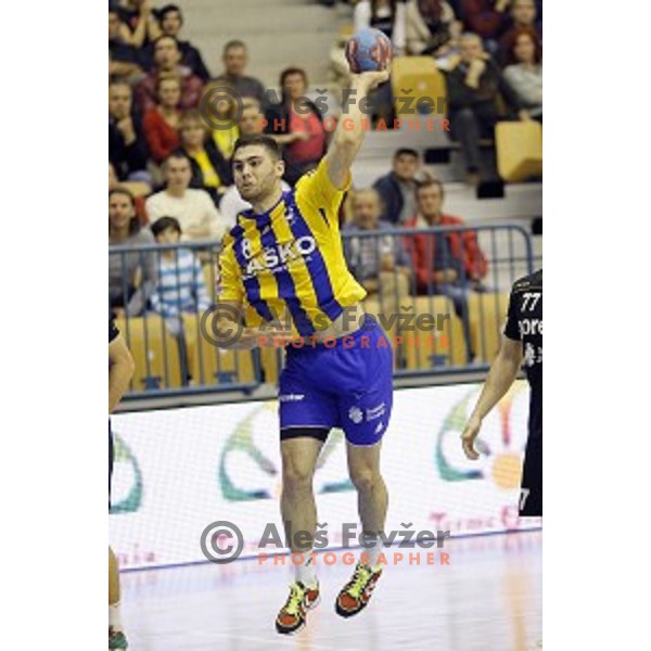 Blaz Janc of Celje PL in action during handball match Celje PL-Gorenje Velenje in round 11 of 1.NLB leasing league, played in Zlatorog Hall, Celje, Slovenia on November 19, 2014