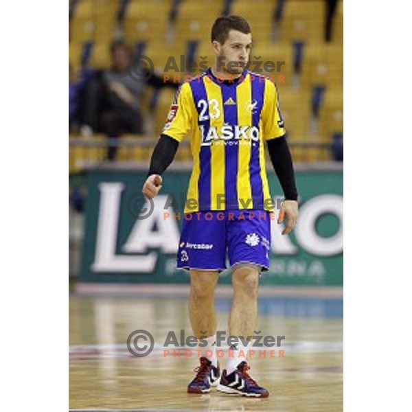 Miha Zarabec of Celje PL in action during handball match Celje PL-Gorenje Velenje in round 11 of 1.NLB leasing league, played in Zlatorog Hall, Celje, Slovenia on November 19, 2014