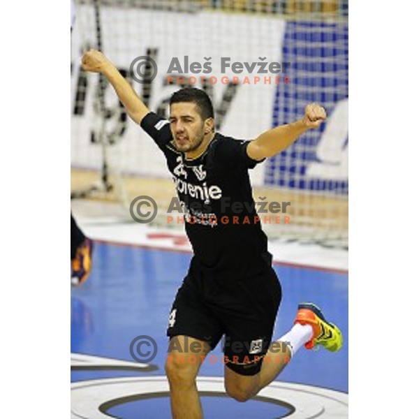 Mario Sostaric in action during handball match Celje PL-Gorenje Velenje in round 11 of 1.NLB leasing league, played in Zlatorog Hall, Celje, Slovenia on November 19, 2014