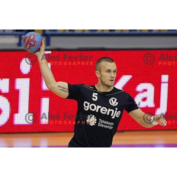 Niko Medved of Celje PL in action during handball match Celje PL-Gorenje Velenje in round 11 of 1.NLB leasing league, played in Zlatorog Hall, Celje, Slovenia on November 19, 2014