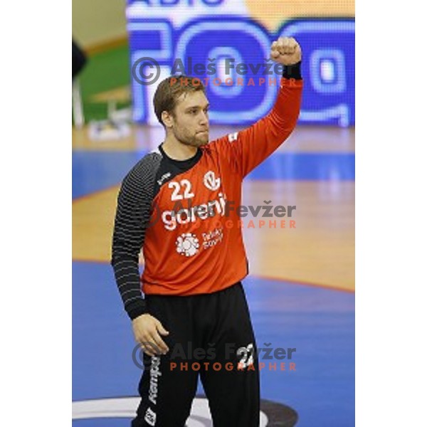 Klemen Ferlin in action during handball match Celje PL-Gorenje Velenje in round 11 of 1.NLB leasing league, played in Zlatorog Hall, Celje, Slovenia on November 19, 2014