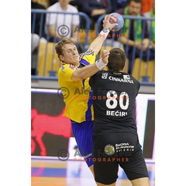 David Miklavcic of Celje PL in action during handball match Celje PL-Gorenje Velenje in round 11 of 1.NLB leasing league, played in Zlatorog Hall, Celje, Slovenia on November 19, 2014