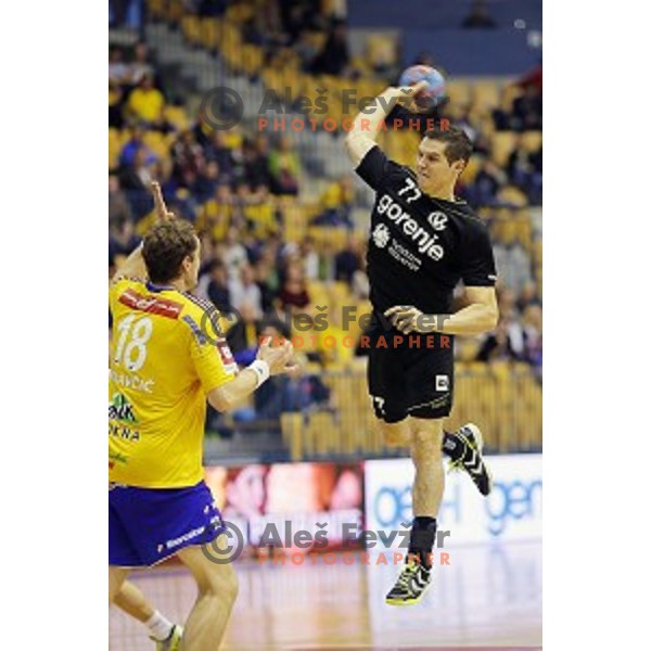 Marko Dujmovic of Gorenje Velenje in action during handball match Celje PL-Gorenje Velenje in round 11 of 1.NLB leasing league, played in Zlatorog Hall, Celje, Slovenia on November 19, 2014