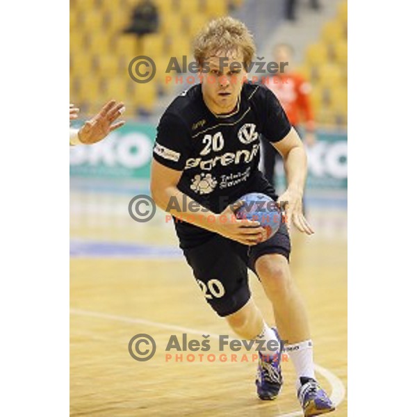 Stas Skube of Gorenje Velenje in action during handball match Celje PL-Gorenje Velenje in round 11 of 1.NLB leasing league, played in Zlatorog Hall, Celje, Slovenia on November 19, 2014