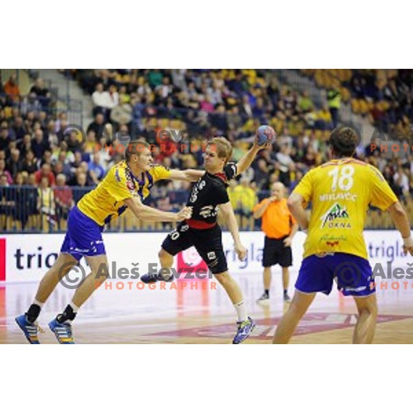 Stas Skube of Gorenje Velenje in action during handball match Celje PL-Gorenje Velenje in round 11 of 1.NLB leasing league, played in Zlatorog Hall, Celje, Slovenia on November 19, 2014