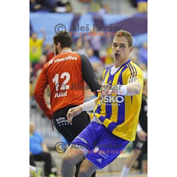 Vid Poteko of Celje PL in action during handball match Celje PL-Gorenje Velenje in round 11 of 1.NLB leasing league, played in Zlatorog Hall, Celje, Slovenia on November 19, 2014
