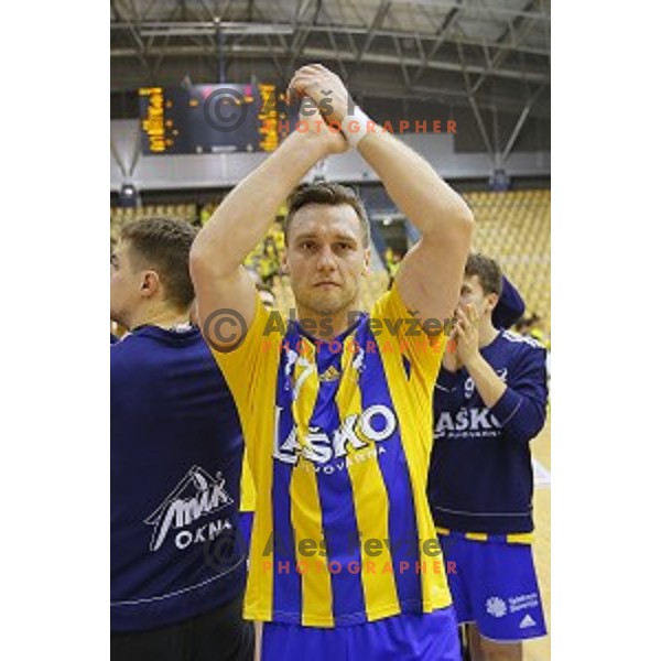 Luka Zvizej of Celje PL in action during handball match Celje PL-Gorenje Velenje in round 11 of 1.NLB leasing league, played in Zlatorog Hall, Celje, Slovenia on November 19, 2014