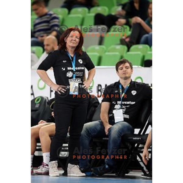 Marta bon, head coahc of Krim Mercator in action during EHF Champions League between Krim Mercator (SLO) and Leipzig (GER) in Stožice Hall, Slovenia on November 21,2014