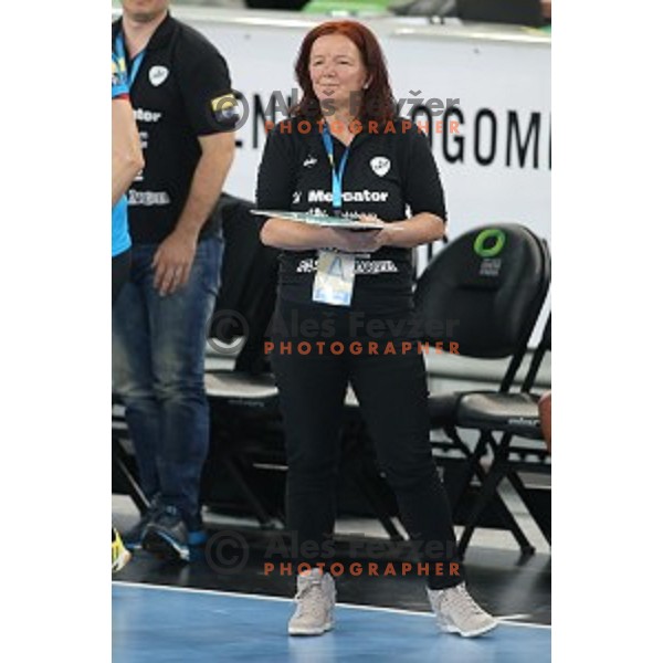 Marta bon, head coahc of Krim Mercator in action during EHF Champions League between Krim Mercator (SLO) and Leipzig (GER) in Stožice Hall, Slovenia on November 21,2014