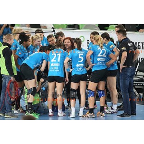 Marta bon, head coahc of Krim Mercator in action during EHF Champions League between Krim Mercator (SLO) and Leipzig (GER) in Stožice Hall, Slovenia on November 21,2014