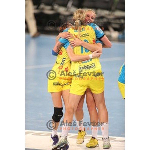 Players of Leipzig celebrate victory at during EHF Champions League between Krim Mercator (SLO) and Leipzig (GER) in Stožice Hall, Slovenia on November 21,2014