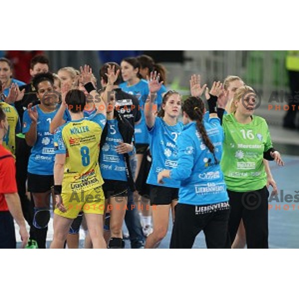 Players of Leipzig celebrate victory at during EHF Champions League between Krim Mercator (SLO) and Leipzig (GER) in Stožice Hall, Slovenia on November 21,2014