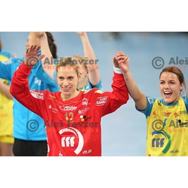 Players of Leipzig celebrate victory at during EHF Champions League between Krim Mercator (SLO) and Leipzig (GER) in Stožice Hall, Slovenia on November 21,2014