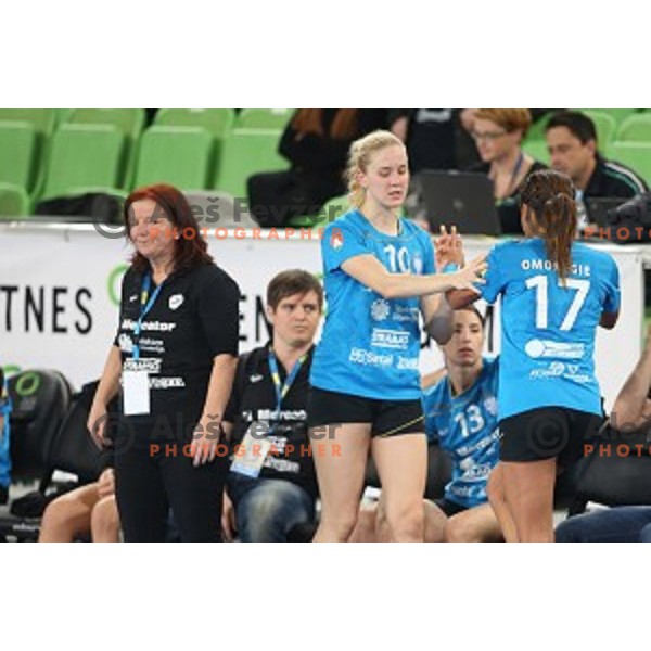 Marta Bon, Lara Hrncic in action during EHF Champions League between Krim Mercator (SLO) and Leipzig (GER) in Stožice Hall, Slovenia on November 21,2014