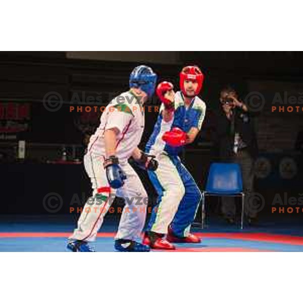 Amir Sinanbegovic of Slovenia fights against Kriztan Jarozkievicz of Hungary during Kickbox European championship, Maribor, Tabor Hall, 21.11.2014