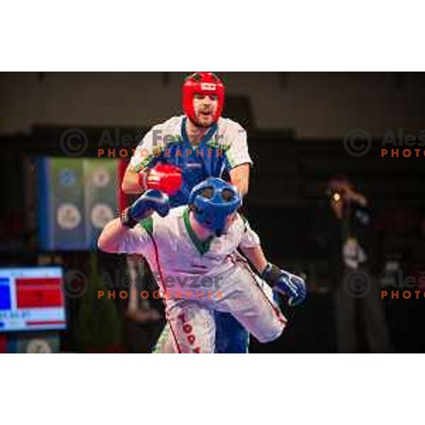 Amir Sinanbegovic of Slovenia fights against Kriztan Jarozkievicz of Hungary during Kickbox European championship, Maribor, Tabor Hall, 21.11.2014