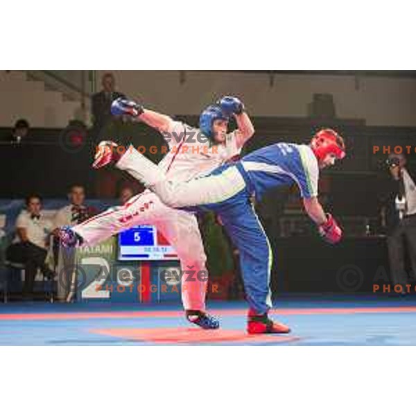 Amir Sinanbegovic of Slovenia fights against Kriztan Jarozkievicz of Hungary during Kickbox European championship, Maribor, Tabor Hall, 21.11.2014
