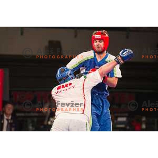 Amir Sinanbegovic of Slovenia fights against Kriztan Jarozkievicz of Hungary during Kickbox European championship, Maribor, Tabor Hall, 21.11.2014